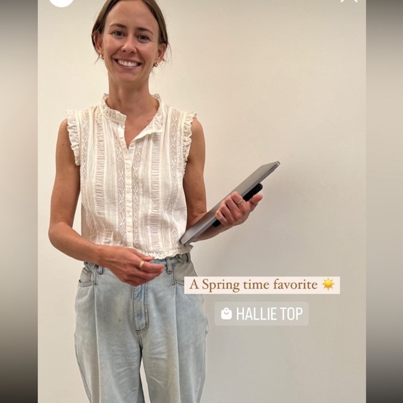 Doen Hallie Cotton Lace Ruffle Button Sleeveless Crop Blouse Top Salt White - Picture 5 of 11